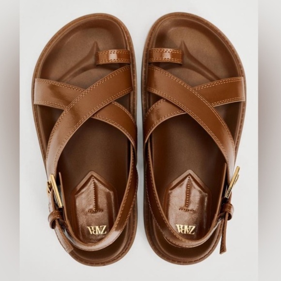 Zara Tan Leather Cross-Strap Sandals - Picture 4 of 9